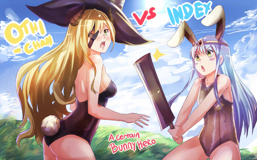 &gt;:o 2girls :o absurdres animal_ears ass ass_visible_through_thighs bare_legs blonde_hair blue_hair blush blush_stickers breasts bunnysuit character_name clouds english eyepatch green_eyes hat highres index julioalqae large_breasts long_hair multiple_girls othinus rabbit_ears sideboob thighs title_parody to_aru_majutsu_no_index witch_hat