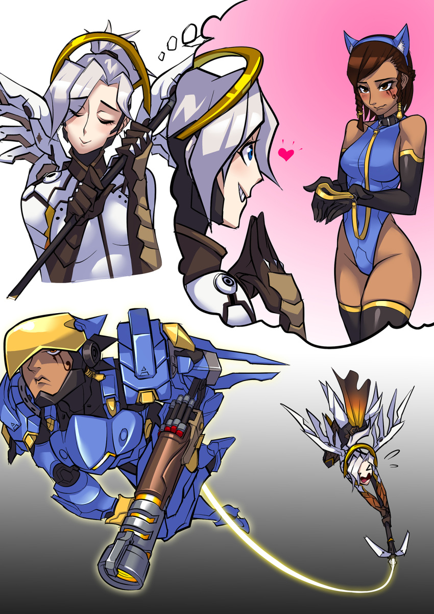 &gt;_&lt; 2girls :&gt; animal_ears blue_eyes blush bodysuit braid brown_eyes brown_hair cat_ears closed_eyes collar dark_skin elbow_gloves eye_of_horus facial_mark facial_tattoo fingers_together flying_sweatdrops gameplay_mechanics gloves grin hairband halo heart highres imagining leash mechanical_wings mercy_(overwatch) multiple_girls open_mouth overwatch pet_play pharah_(overwatch) rocket_launcher ryuusei_(mark_ii) silver_hair smile tattoo thigh-highs visor wavy_mouth weapon wings yuri