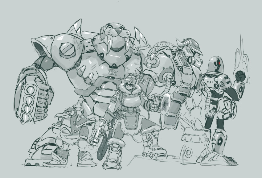 1girl batman_(series) blizzard_buffalo frost_walrus greyscale icy_penguigo mei_(overwatch) monochrome mr._freeze multiple_boys overwatch rockman rockman_x scribblehatch tagme