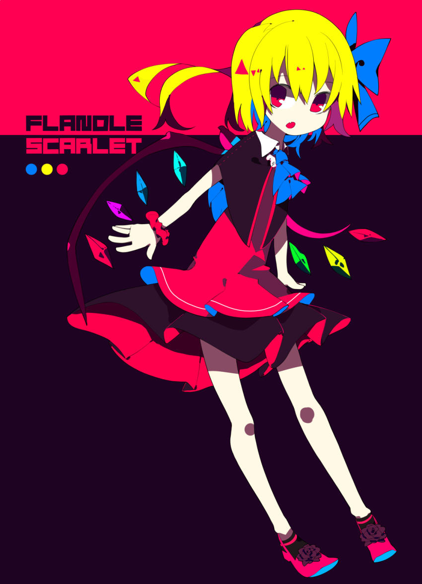 1girl :o aki_maki_yuu alternate_costume ascot blonde_hair character_name commentary_request crystal dress fang flandre_scarlet full_body hair_ribbon highres looking_at_viewer pleated_dress red_background red_eyes ribbon scrunchie shadow short_sleeves side_ponytail solo touhou two-tone_background wings wrist_scrunchie