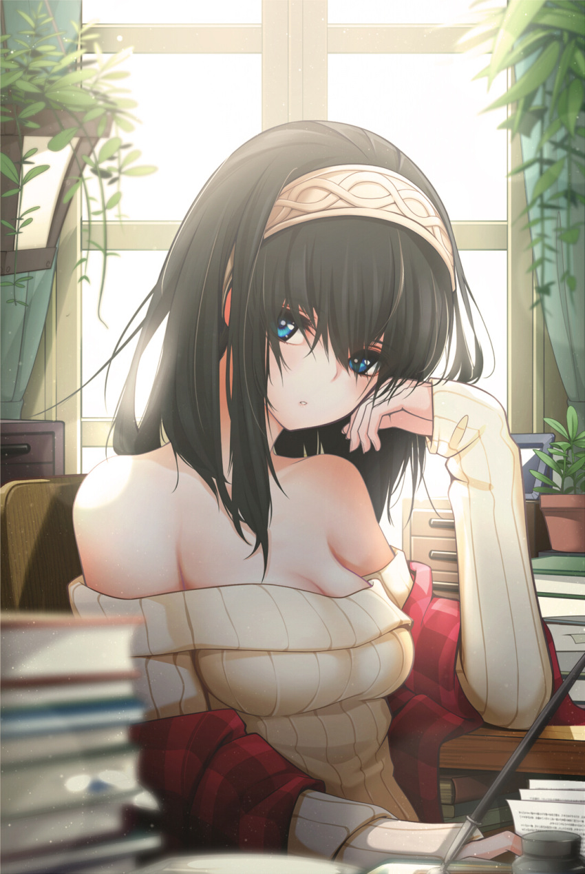 1girl arm_support bare_shoulders black_hair blue_eyes blush book breasts cleavage giba_(out-low) hairband highres idolmaster idolmaster_cinderella_girls long_hair looking_at_viewer off-shoulder_sweater sagisawa_fumika sleeves_past_wrists solo sweater window