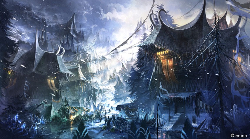 aalge animal building clouds crystal mountain night official_art original sky snow tree winter
