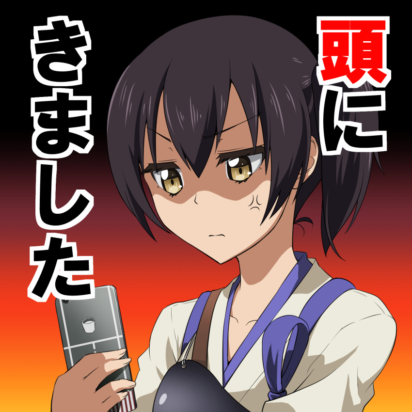 &gt;:| 1girl anger_vein ayukan. brown_hair cellphone commentary highres japanese_clothes kaga_(kantai_collection) kantai_collection light_brown_eyes muneate phone shaded_face smartphone solo translated