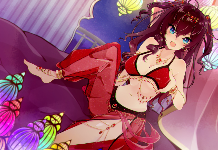 1girl arabian_clothes blue_eyes breasts brown_hair dutch_angle harem_outfit ichinose_shiki idolmaster idolmaster_cinderella_girls jewelry long_hair looking_at_viewer midriff navel necklace obybuss open_mouth see-through side_slit smile solo tiara two_side_up