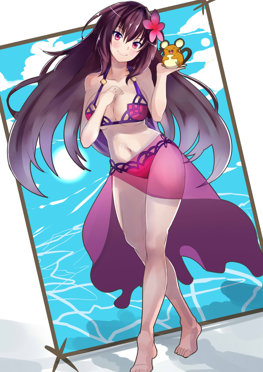 1girl absurdres barefoot bikini blush breasts cleavage clouds dedenne dutch_angle fate/grand_order fate_(series) flower hair_flower hair_ornament highres julioalqae large_breasts long_hair navel pokemon purple_hair red_eyes sarong scathach_(fate/grand_order) smile solo swimsuit water