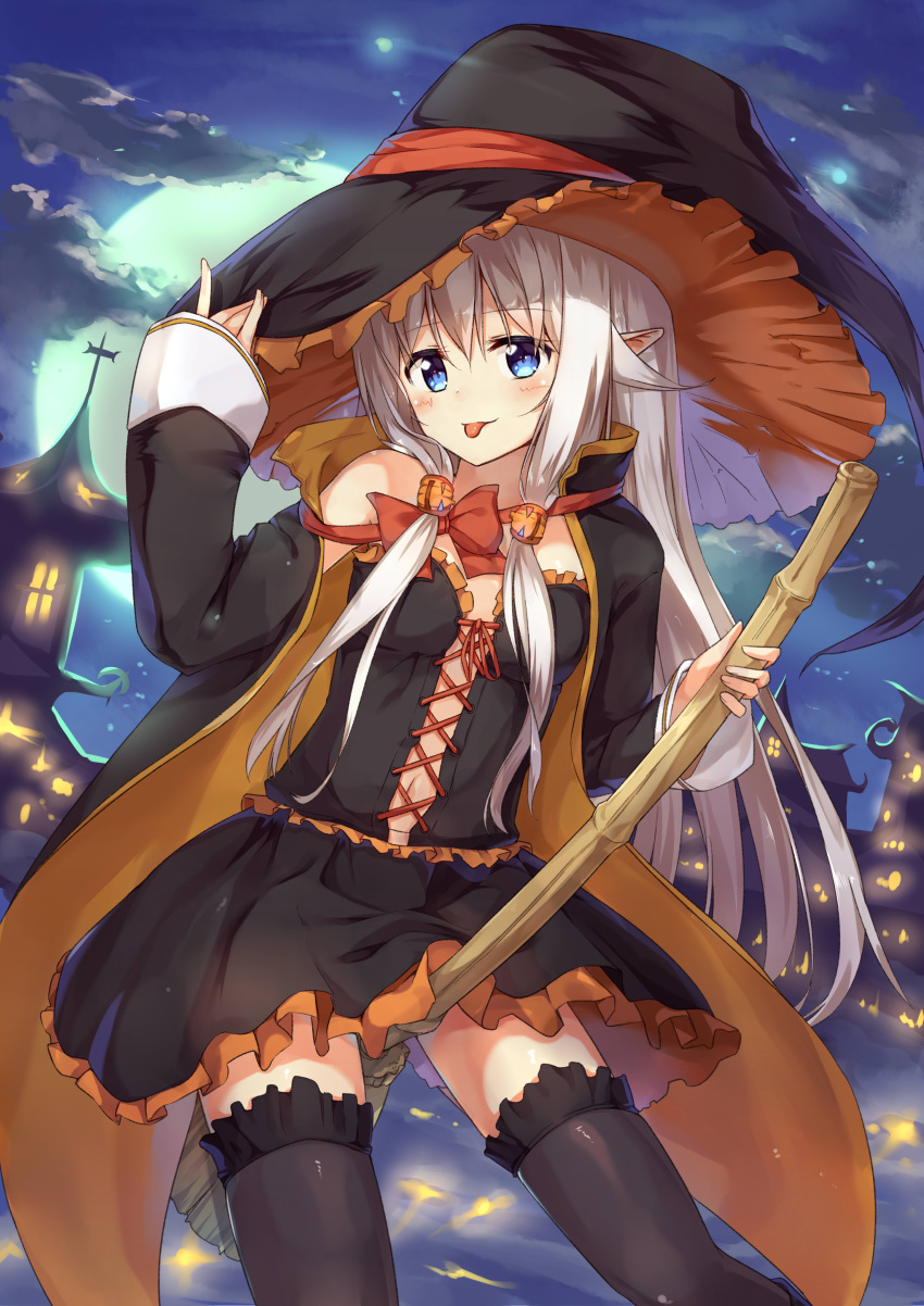 1girl :p absurdres black_legwear blue_eyes blush broom hat highres long_hair moon original pointy_ears ruma_imaginary smile solo thigh-highs tongue tongue_out witch_hat