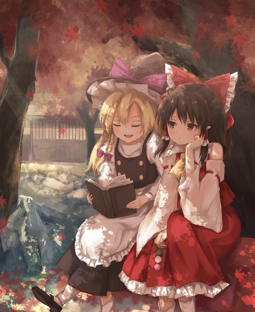 2girls :d apron arm_garter ascot autumn_leaves bare_shoulders black_dress black_hair black_shoes blonde_hair blush bobby_socks book bow braid brown_eyes chin_rest closed_eyes closed_mouth commentary_request dango dappled_sunlight detached_sleeves dress food frilled_shirt_collar frilled_skirt frills hair_bow hair_tubes hakurei_reimu hat hat_bow highres holding holding_book holding_food japanese_clothes juliet_sleeves kirisame_marisa leaf long_skirt long_sleeves maple_leaf mary_janes miko multiple_girls open_book open_mouth outdoors puffy_sleeves purple_bow reading red_bow red_skirt shoes side_braid sitting skirt skirt_set smile socks sunlight thkani touhou tree under_tree wagashi waist_apron white_legwear wide_sleeves witch_hat