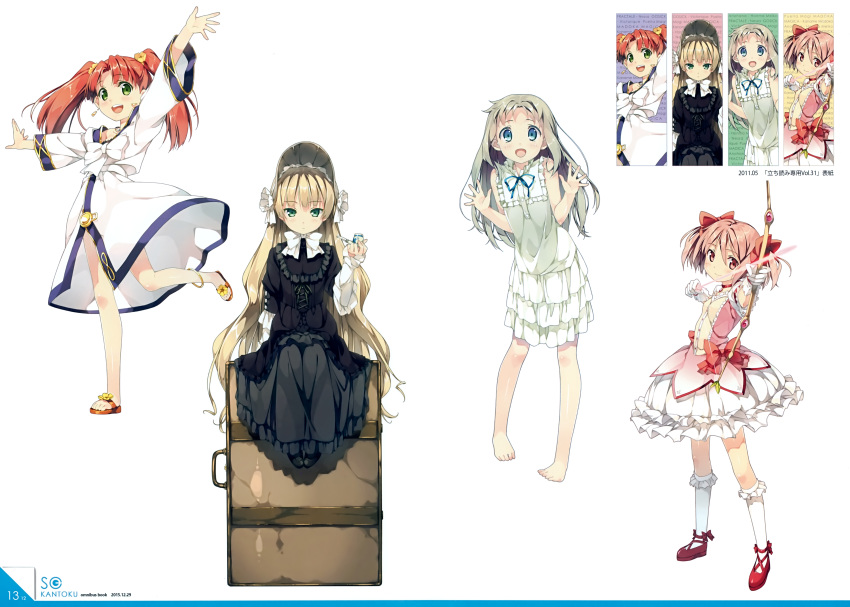 10s 2011 4girls absurdres ano_hi_mita_hana_no_namae_wo_bokutachi_wa_mada_shiranai. bare_legs barefoot black_dress blonde_hair blue_eyes bonnet bow_(weapon) column_lineup copyright_request crossover dated dress fractale full_body gosick highres hobunsha honma_meiko kaname_madoka kantoku kantoku_(style) kneehighs lolita_fashion long_hair mahou_shoujo_madoka_magica multiple_girls nessa outstretched_arms pipe redhead sandals scan season_connection sitting style_parody twintails very_long_hair victorica_de_blois weapon white_background white_dress white_hair white_legwear year_connection