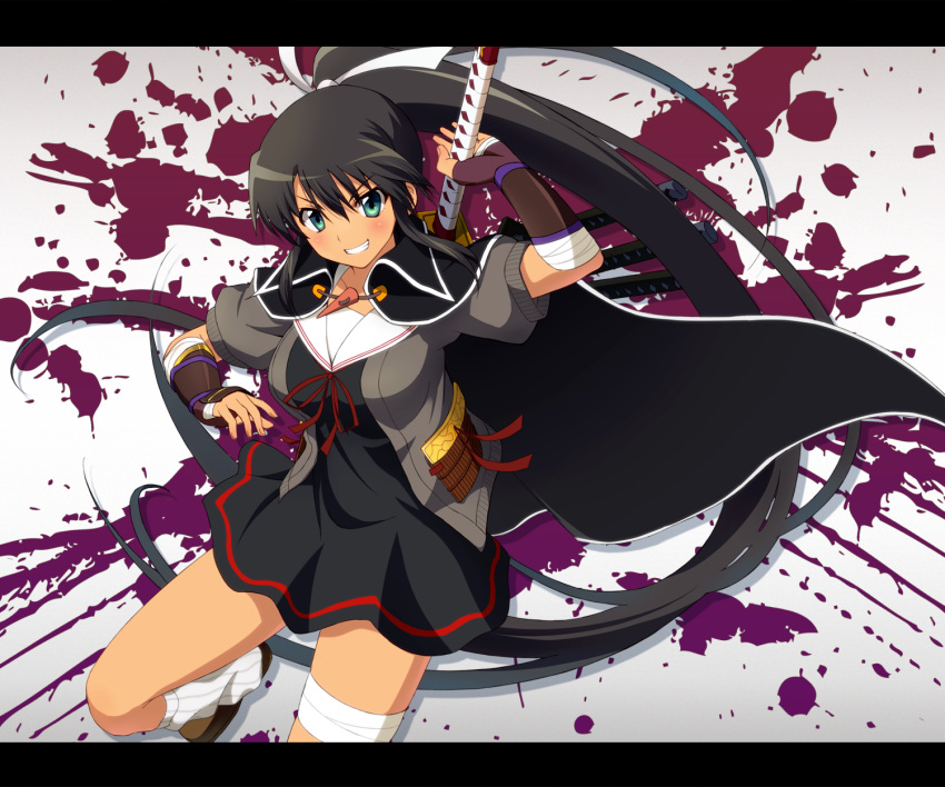 &gt;:) 1girl aqua_eyes armor black_cape black_dress black_hair black_serafuku blush breasts brown_shoes cape commentary_request dress grin hair_ribbon highres homura_(senran_kagura) jacket japanese_armor katana kote large_breasts letterboxed long_hair looking_at_viewer mokkei open_clothes open_jacket ponytail puffy_short_sleeves puffy_sleeves ribbon sailor_dress school_uniform senran_kagura senran_kagura_(series) serafuku sheath sheathed shoes short_dress short_sleeves smile socks solo striped striped_legwear sweater_jacket sword vertical-striped_legwear vertical_stripes very_long_hair weapon weapon_on_back white_ribbon