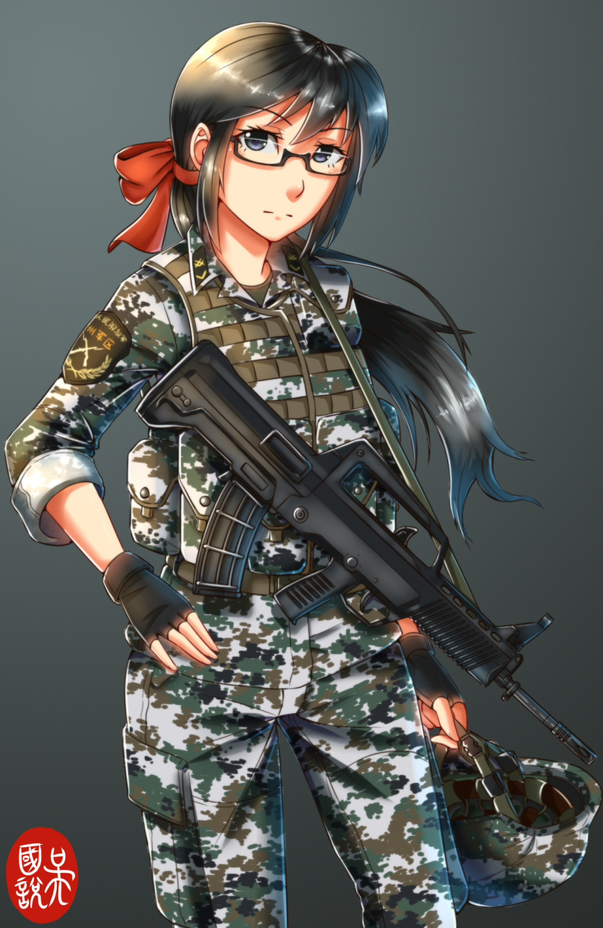 assault_rifle black_eyes black_hair bullpup contrapposto fingerless_gloves glasses gloves gradient gradient_background gun helmet highres long_hair military military_uniform ndtwofives original people's_liberation_army qbz-95 rifle semi-rimless_glasses serious uniform vest weapon