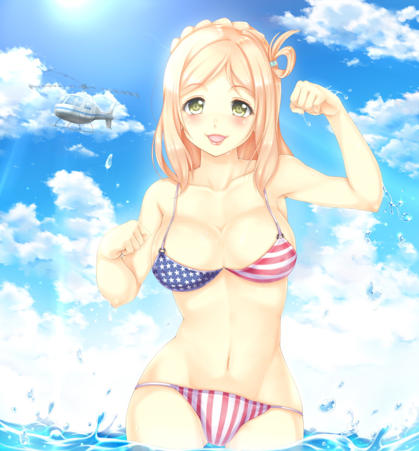 1girl aircraft american_flag_bikini bikini blonde_hair braid clouds flag_print helicopter highres lips love_live! love_live!_sunshine!! ohara_mari paw_pose rock.fc standing swimsuit wading water yellow_eyes