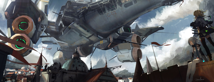 2girls airship blonde_hair boots brown_eyes brown_hair capelet city clouds detached_sleeves dome engine grey_hair highres multiple_girls novelance original profile science_fiction sitting sky standing thigh-highs thigh_boots white_hair wind