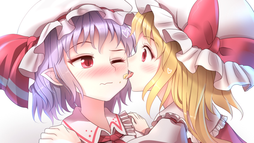 2girls arms_at_sides blonde_hair blush cheek_licking face_licking fang flandre_scarlet food food_on_face hands_on_another's_shoulders hat hat_ribbon heart lavender_hair licking looking_at_another minust mob_cap multiple_girls nose_blush one_eye_closed open_mouth pointy_ears red_eyes remilia_scarlet ribbon short_hair siblings side_ponytail sisters slit_pupils tongue tongue_out touhou vampire wavy_mouth