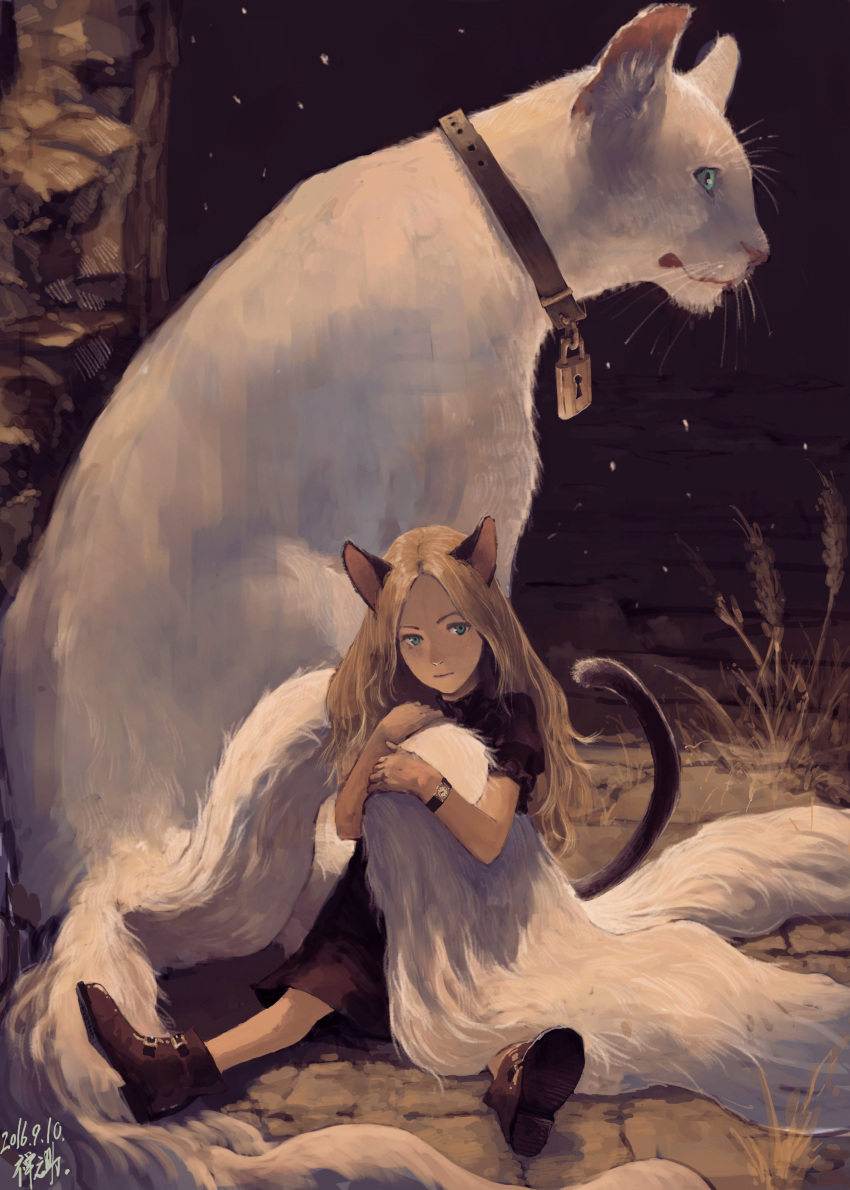 1girl absurdres animal_ears blonde_hair blue_eyes cat collar highres lock original padlock sitting watch watch zennosuke