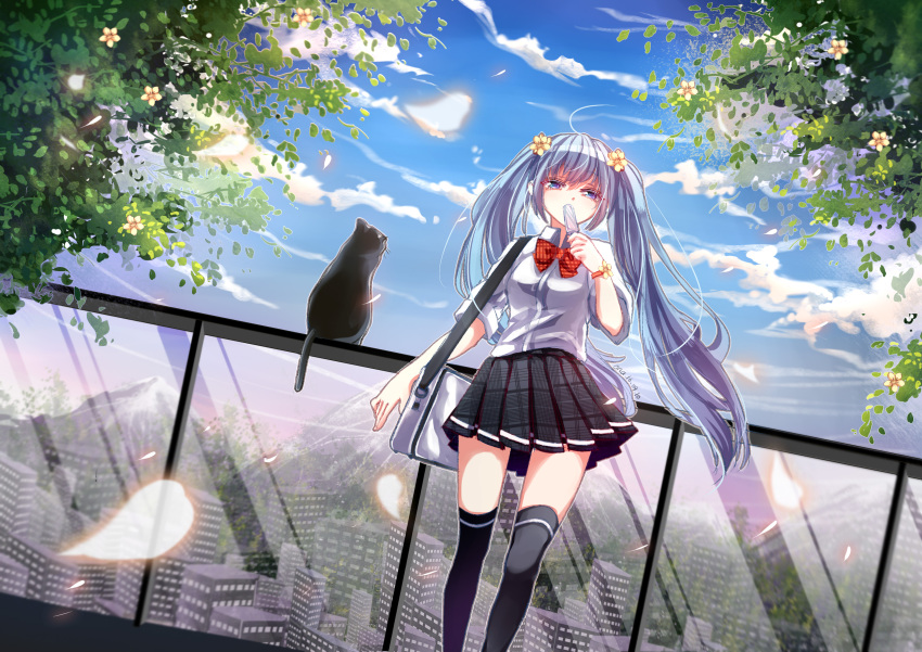 1girl absurdres ahoge bag blue_eyes blue_hair bow bowtie cat city clouds dutch_angle eating hatsune_miku highres long_hair popsicle railing skirt sky solo thigh-highs twintails very_long_hair vioro vocaloid