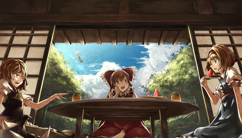 3girls :d alice_margatroid apron barefoot black_dress blonde_hair blue_dress blue_eyes blue_sky bow brown_hair capelet clouds cloudy_sky commentary cup detached_sleeves dress drinking_glass eating elbow_rest food fruit hair_bow hair_tubes hairband hakurei_reimu hat hat_bow hat_removed head_rest headwear_removed highres holding holding_fruit indoors juliet_sleeves kirisame_marisa lolita_hairband long_sleeves multiple_girls open_door open_mouth outdoors puffy_sleeves ribbon-trimmed_sleeves ribbon_trim sakuramochi_(aozomesakura) sash short_hair short_sleeves sitting skirt skirt_set sky sliding_doors smile table touhou tree waist_apron watermelon wide_sleeves wind_chime witch_hat yellow_eyes