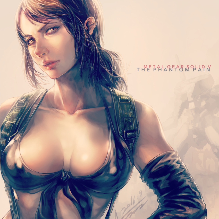 1girl breasts brown_hair cleavage collarbone copyright_name covered_nipples dated front-tie_top highres jay_b_lee large_breasts metal_gear_(series) metal_gear_solid_v quiet_(metal_gear) signature solo upper_body