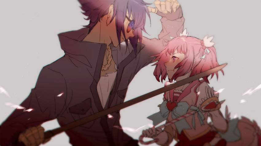 1boy 1girl flipped_hair jewelry kirameki_mamika long_hair magical_girl mirokuji_yuuya no.18 pink_eyes pink_hair popped_collar purple_hair re:creators sunglasses twintails wand