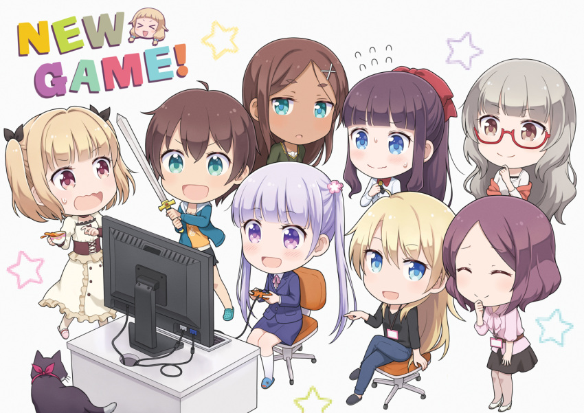 6+girls :d ahagon_umiko blush cat chibi copyright_name everyone flying_sweatdrops hazuki_shizuku iijima_yun monitor multiple_girls new_game! open_mouth sakura_nene shinoda_hajime sitting smile soujirou_(new_game!) star suzukaze_aoba takimoto_hifumi tooyama_rin yagami_kou yuko666