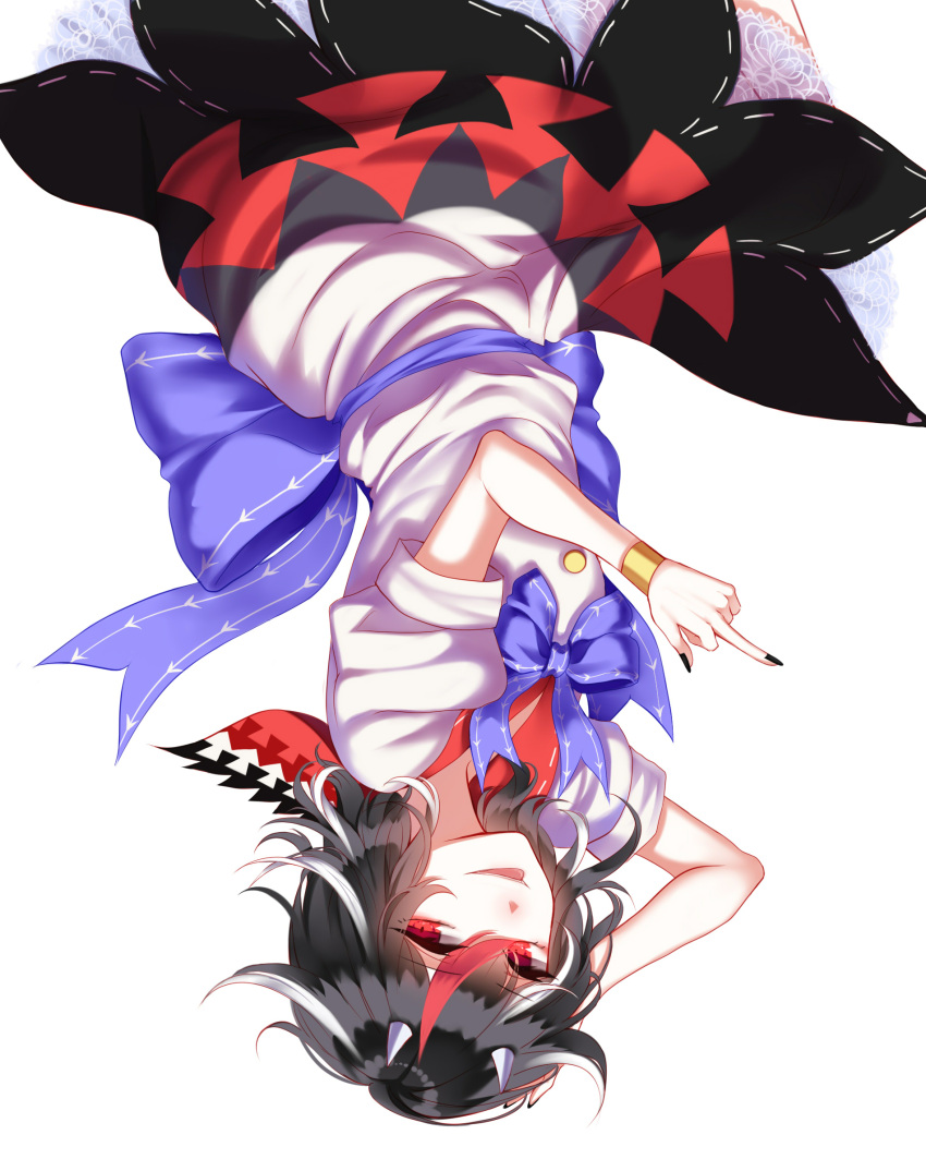 1girl absurdres black_hair bracelet directional_arrow dress highres horns jewelry kijin_seija lace lace-trimmed_dress middle_finger multicolored_hair nail_polish puffy_short_sleeves puffy_sleeves red_eyes sheya short_sleeves streaked_hair touhou upside-down white_dress
