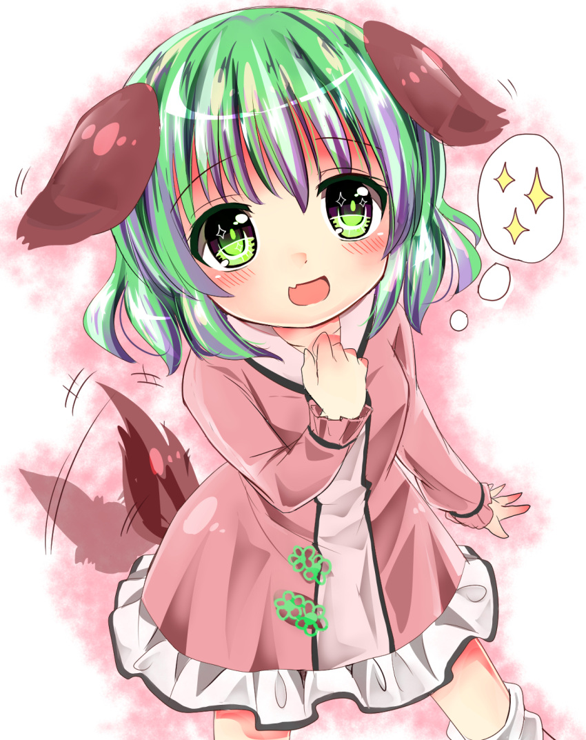 1girl :d animal_ears blush commentary_request dog_ears dog_girl dress dutch_angle ear_wiggle fang from_above green_eyes green_hair highres kasodani_kyouko long_sleeves looking_at_viewer open_mouth pink_dress ramudia_(lamyun) short_hair smile solo spoken_sparkle tail_wagging touhou