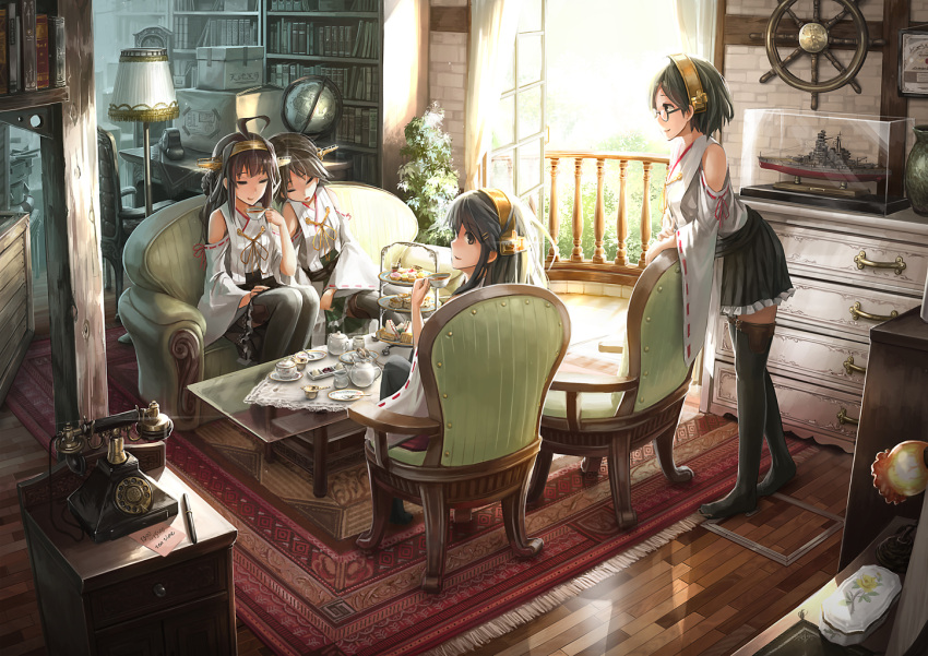 4girls analog_clock balcony black_hair black_legwear book bookshelf box brick_wall brown_eyes brown_hair candy cardboard_box carpet chest_of_drawers clock closed_eyes coffee_table couch cup desk detached_sleeves frilled_skirt frills glass_door glass_table glasses globe grandfather_clock haruna_(kantai_collection) hiei_(kantai_collection) indoors kantai_collection kirishima_(kantai_collection) kongou_(kantai_collection) lamp lampshade leaning_on_person lif living_room long_hair looking_at_another looking_back mantle_clock miniskirt model multiple_girls no_shoes nontraditional_miko note open_door pen rensouhou-chan ribbon-trimmed_sleeves ribbon_trim rotary_phone rug sandwich saucer scone ship's_wheel short_hair sitting skirt smile standing table tablecloth tea tea_set teacup teapot thigh-highs tiered_tray vase wooden_floor zettai_ryouiki
