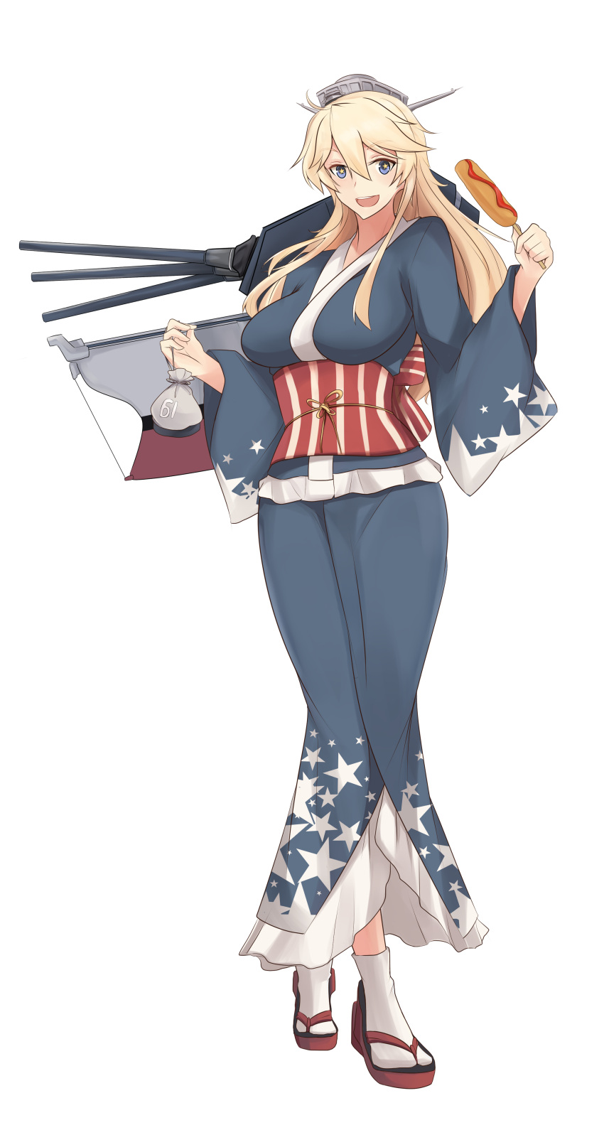 1girl absurdres alternate_costume altronage bag blonde_hair blue_eyes breasts corndog eyebrows eyebrows_visible_through_hair hair_between_eyes headgear highres iowa_(kantai_collection) japanese_clothes kantai_collection kimono large_breasts long_hair long_sleeves looking_at_viewer machinery obi open_mouth sandals sash satchel simple_background socks standing star star-shaped_pupils star_print symbol-shaped_pupils turret white_background white_legwear wide_sleeves yukata
