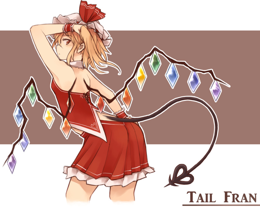 1girl alternate_costume arched_back back blonde_hair blush character_name closed_mouth cowboy_shot crystal demon_girl demon_tail detached_collar dress eyebrows eyebrows_visible_through_hair flandre_scarlet frilled_skirt frills from_behind hair_grab hair_ribbon hand_in_hair hand_on_head hat hat_ribbon kaginoni laevatein_(tail) leaning_forward looking_at_viewer miniskirt mob_cap pleated_skirt red_eyes red_ribbon red_skirt red_vest ribbon short_hair side_ponytail skirt skirt_set sleeveless sleeveless_dress solo tail touhou vest wings wrist_cuffs
