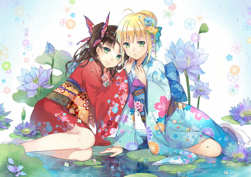 2girls ahoge arm_support blonde_hair blue_kimono braid brown_hair ekira_nieto fate/stay_night fate_(series) floral_background floral_print flower french_braid green_eyes hair_flower hair_ornament hand_on_another's_shoulder hand_on_own_chest highres japanese_clothes kimono leaning_on_person lily_pad long_hair looking_at_viewer lotus multiple_girls obi parted_lips red_kimono saber sash sitting smile tabi teeth toosaka_rin twintails water yokozuwari