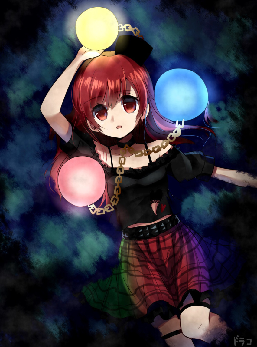 1girl arm_up black_shirt choker cowboy_shot dark_background draco_malfoy_(kaneki-thukiyama) glowing gold_chain heart heart_cutout hecatia_lapislazuli highres multicolored_skirt off-shoulder_shirt open_mouth orb plaid plaid_skirt polos_crown puffy_short_sleeves puffy_sleeves red_eyes redhead shirt short_sleeves skirt solo strap tareme touhou