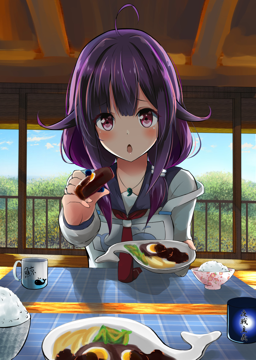 1girl :o ahoge amagami_(makise_tsubaki) apron bangs blush chestnut_mouth cup feeding foreshortening hair_flaps highres incoming_food jewelry kantai_collection long_sleeves looking_at_viewer magatama mug necklace necktie open_mouth pink_eyes plate pov pov_feeding purple_hair railing red_eyes rice rice_bowl ring sidelocks solo strap_slip taigei_(kantai_collection) whale_print