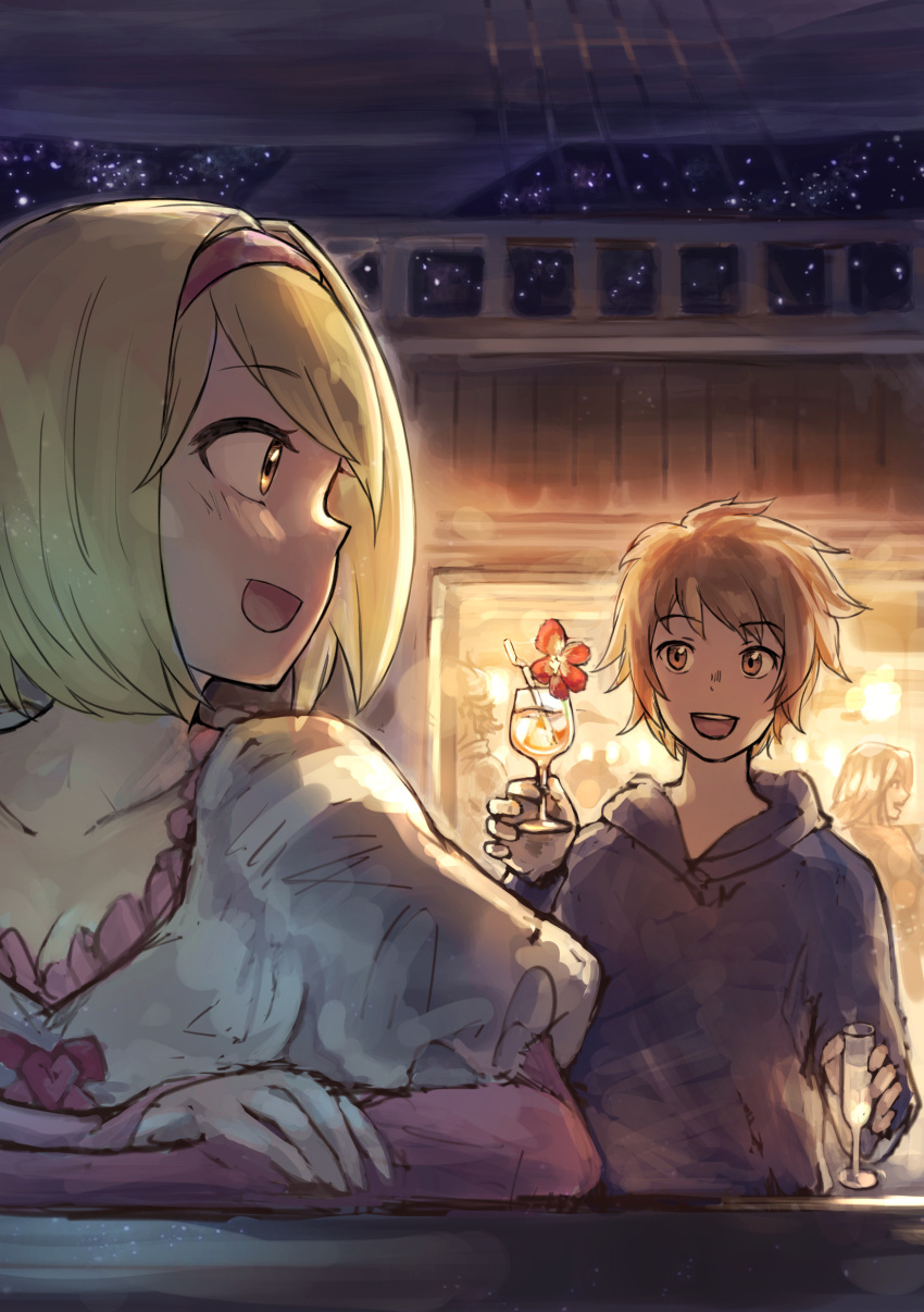 2boys 2girls :d absurdres airship bangs blonde_hair bow breasts brown_hair catalina_(granblue_fantasy) cleavage cocktail_glass collarbone cup djeeta_(granblue_fantasy) dress drinking_glass drinking_straw emoshon eyebrows eyebrows_visible_through_hair fighter_(granblue_fantasy) flower gran_(granblue_fantasy) granblue_fantasy hairband heart hibiscus highres hood hood_down hoodie light long_sleeves looking_at_another looking_back medium_breasts multiple_boys multiple_girls night night_sky open_mouth orange_eyes pink_bow pink_dress rackam_(granblue_fantasy) short_hair sideways_mouth sky smile star_(sky)