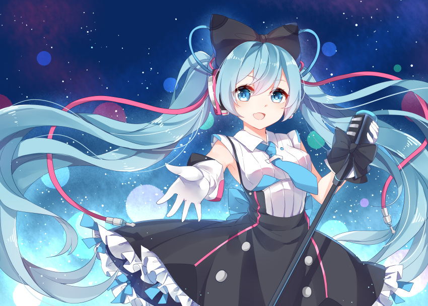 1girl :d absurdly_long_hair black_bow black_skirt blue_eyes blue_hair blue_necktie blue_ribbon bow chuor_(chuochuoi) closed_eyes gloves hair_between_eyes hair_bow hatsune_miku headphones highres holding holding_microphone long_hair looking_at_viewer microphone microphone_stand necktie open_mouth ribbon shirt skirt sleeveless sleeveless_shirt smile solo standing twintails very_long_hair vocaloid white_gloves white_shirt