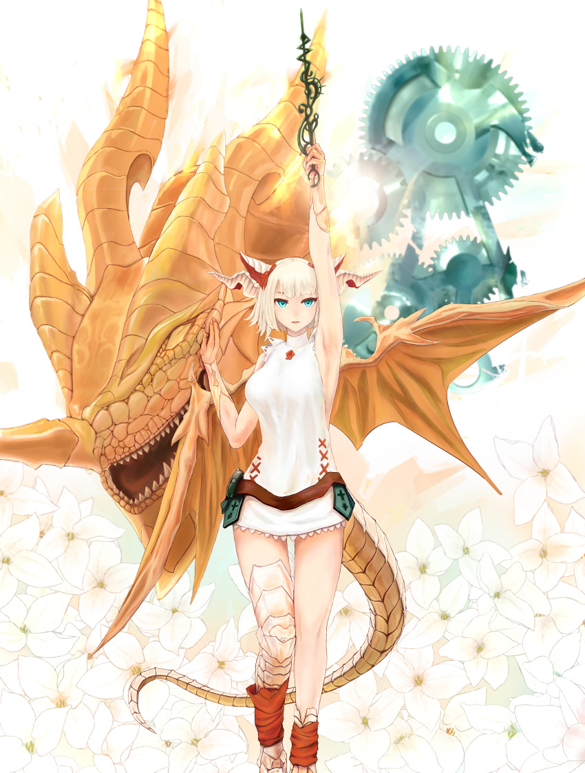 1girl absurdres arm_up belt blonde_hair blue_eyes dragon dragon_girl dragon_horns dragon_tail dress flower gears hair_ribbon highres horns myr_(p&amp;d) puzzle_&amp;_dragons ribbon rigani scales short_hair solo tail wand
