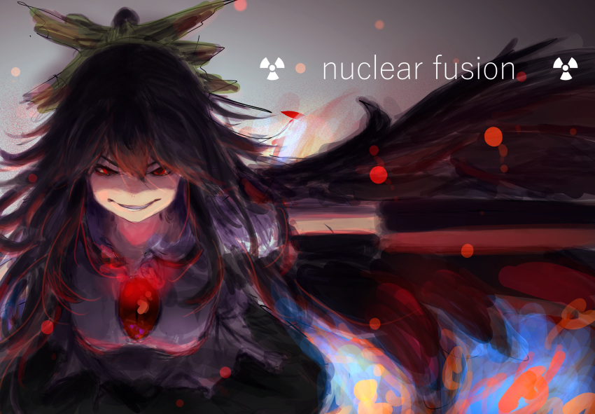 &gt;:d 1girl :d absurdres arm_cannon bird_wings black_hair black_wings bow evil_grin evil_smile glowing grin hair_bow highres long_hair looking_at_viewer natsume-same open_mouth outstretched_arm radiation_symbol red_eyes reiuji_utsuho shirt short_sleeves sketch skirt slit_pupils smile solo sparks third_eye touhou weapon wings