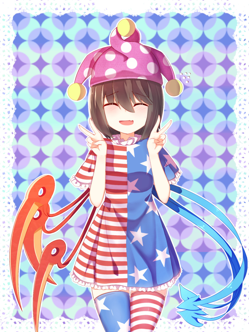 1girl alternate_legwear american_flag_dress american_flag_legwear asymmetrical_wings bangs black_hair blurry_background blush breasts closed_eyes clownpiece clownpiece_(cosplay) ddt_(darktrident) double_v dress flying_sweatdrops frilled_dress frilled_sleeves frills hat highres houjuu_nue jester_cap shiny shiny_clothes shippou_(pattern) short_dress short_hair short_sleeves small_breasts smile solo thigh-highs touhou v wings zettai_ryouiki