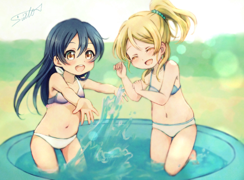 2girls :d ^_^ ayase_eli bikini blue_hair blush brown_eyes child clenched_hands closed_eyes lilylion26 long_hair love_live! love_live!_school_idol_project midriff multiple_girls navel open_hands open_mouth ponytail signature smile sonoda_umi splashing swimsuit wading wading_pool younger