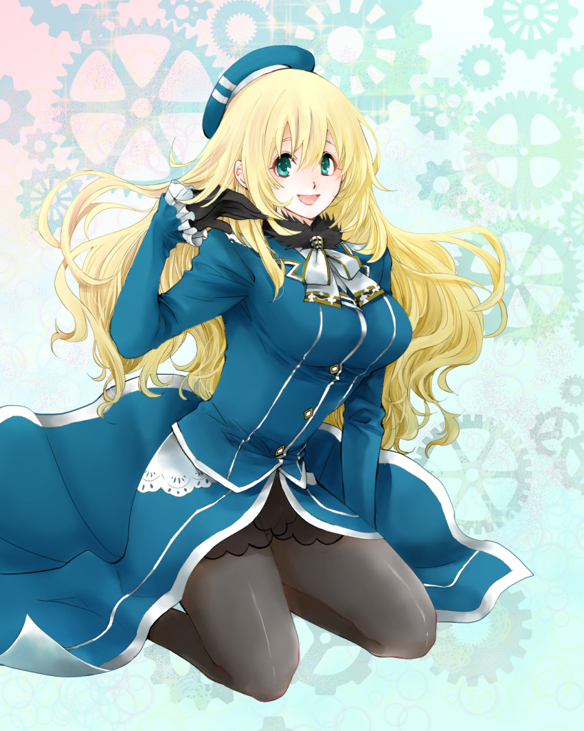1girl atago_(kantai_collection) beret black_gloves blonde_hair breasts gloves green_eyes hand_in_hair hat highres jacket kantai_collection large_breasts long_hair military military_uniform open_mouth pantyhose sitting skirt smile solo uniform waka_(negronoir) wariza
