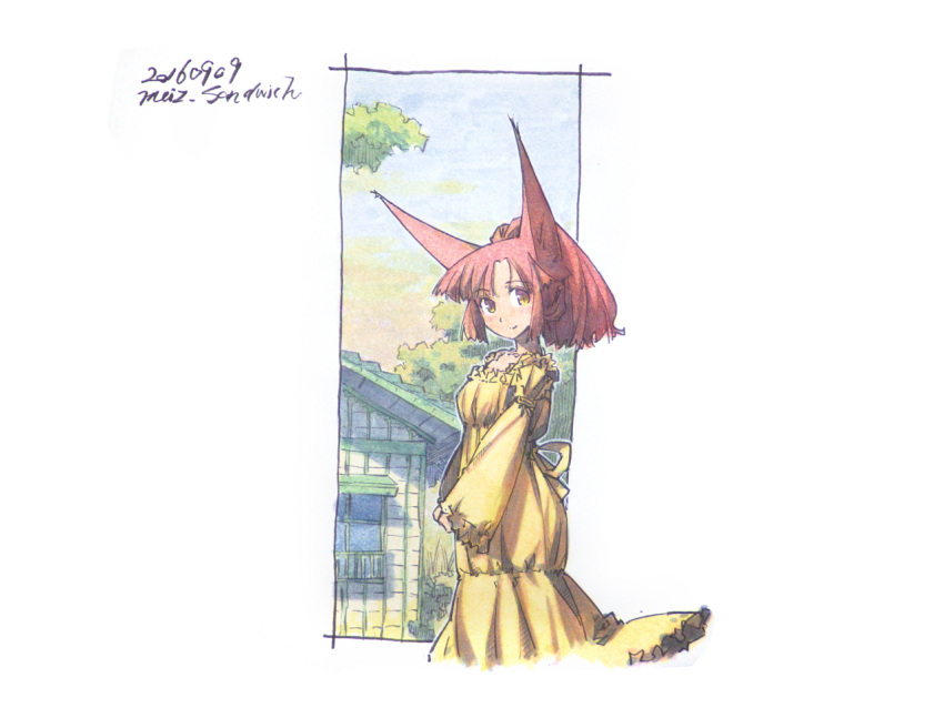 animal_ears artist_name breasts dated day dress fox_ears gradient_eyes house long_sleeves looking_at_viewer meiz multicolored_eyes original outdoors ponytail redhead short_hair simple_background slit_pupils small_breasts smile tree violet_eyes white_background yellow_dress yellow_eyes
