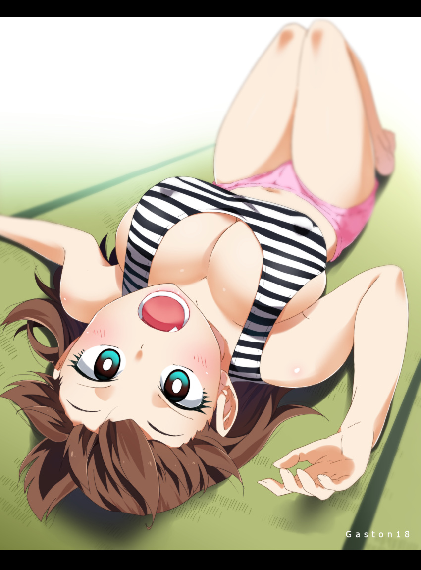 1girl :o amano_megumi amano_megumi_wa_suki_darake! blue_eyes blurry breasts cleavage covered_nipples depth_of_field gaston18 highres large_breasts lying on_back open_mouth panties pink_panties shirt solo striped striped_shirt thighs underwear