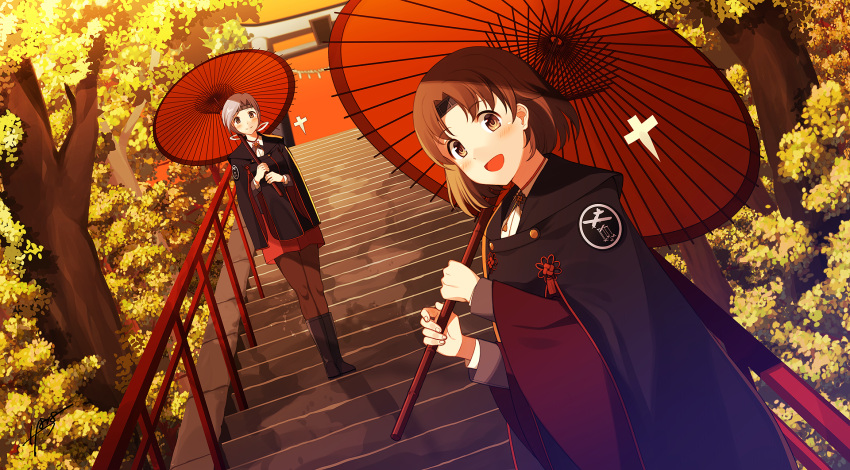 2girls :d black_boots blush boots breasts brown_eyes brown_hair brown_legwear chitose_(kantai_collection) chiyoda_(kantai_collection) commentary_request grey_hair headband highres japanese_clothes kantai_collection knee_boots long_hair long_sleeves multiple_girls open_mouth orange_sky oriental_umbrella outdoors pantyhose raincoat red_hakama red_skirt sahuyaiya shikigami short_hair skirt sky smile stairs tassel tree umbrella