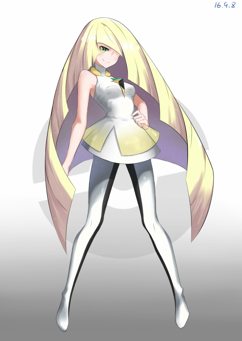 1girl bare_arms blonde_hair blush crystal dated full_body green_eyes hair_over_one_eye hand_on_hip highres long_hair looking_at_viewer lusamine_(pokemon) muta_(csw) pokemon pokemon_(game) pokemon_sm sleeveless smile solo very_long_hair white_background