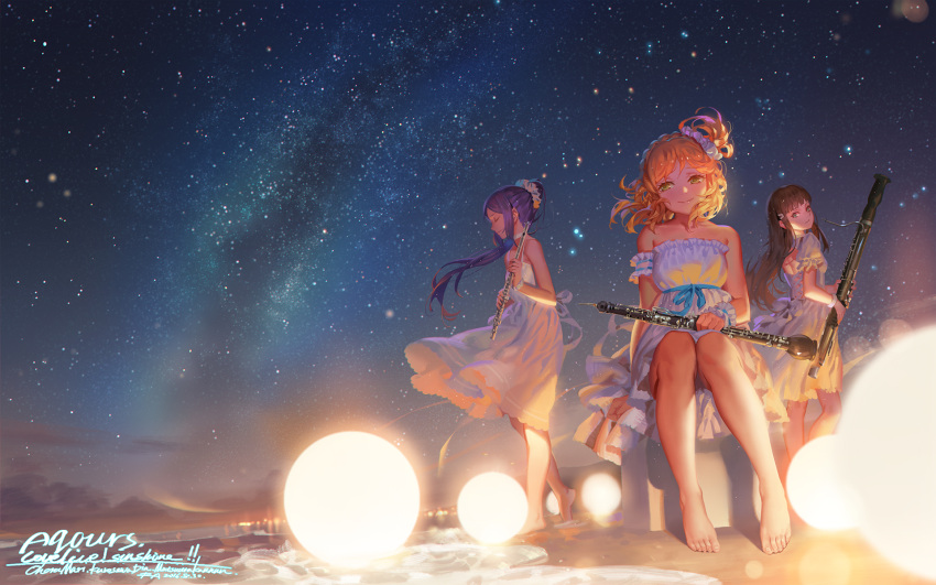 3girls alphonse_(white_datura) bangs bare_legs bare_shoulders barefoot bassoon beach black_eyes black_hair blonde_hair blue_hair blunt_bangs character_name closed_eyes commentary copyright_name dated dress english_horn flute hair_bun hair_ornament highres instrument kurosawa_dia long_hair looking_at_viewer love_live! love_live!_sunshine!! matsuura_kanan multiple_girls night night_sky ocean ohara_mari outdoors revision sand scrunchie side_ponytail sitting sky smile star_(sky) starry_sky strapless strapless_dress water white_dress yellow_eyes