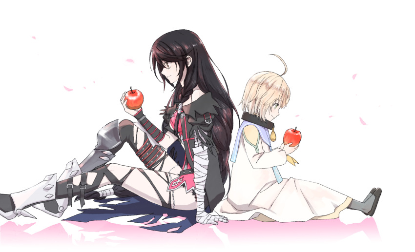 1boy 1girl apple back-to-back black_hair blonde_hair choker commentary_request food fruit gloves highres laphicet_(tales) long_hair short_hair simple_background tales_of_(series) tales_of_berseria velvet_crowe white_background yellow_eyes