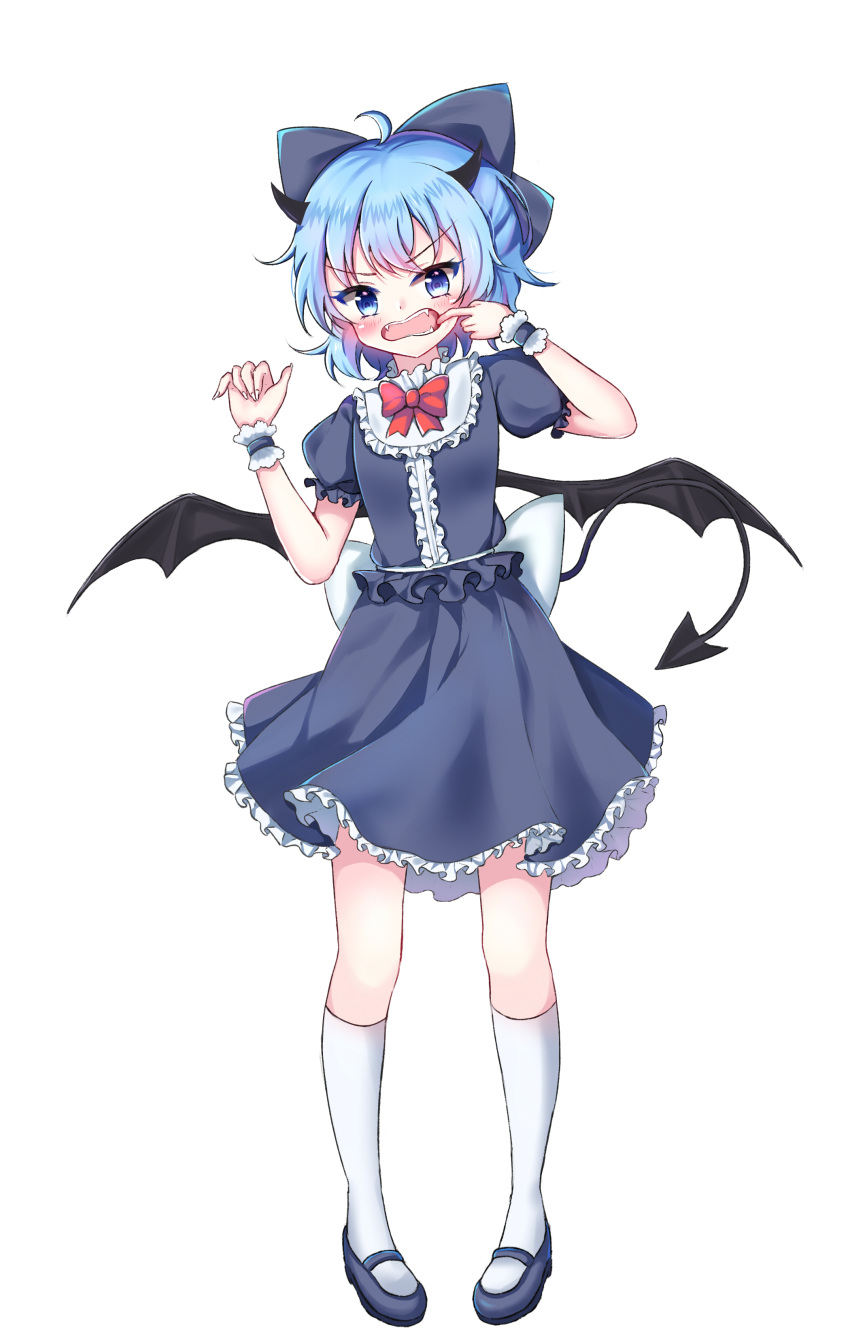 1girl absurdres ahoge alternate_costume black_shirt black_skirt blue_eyes blue_hair blush bow bowtie cirno demon_tail demon_wings fangs full_body hanen_(borry) highres horns looking_at_viewer mary_janes mouth_pull puffy_short_sleeves puffy_sleeves red_bow red_bowtie shirt shoes short_sleeves simple_background skirt solo tail touhou tsurime white_background white_legwear wings wrist_cuffs