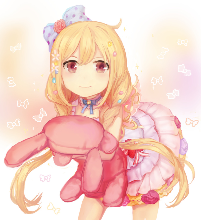 1girl blonde_hair bow brown_eyes dress futaba_anzu hair_bow hair_ornament highres idolmaster idolmaster_cinderella_girls idolmaster_cinderella_girls_starlight_stage leaning_forward long_hair low_twintails sha_(isago) smile solo stuffed_animal stuffed_bunny stuffed_toy twintails