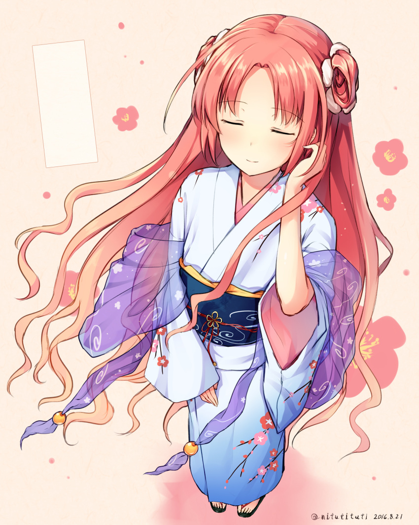 1girl 2016 absurdres closed_eyes dated double_bun floral_print flower flower_knight_girl from_above full_body hair_ornament hair_tucking highres japanese_clothes kimono long_hair long_sleeves obi pink_background pink_hair sandals sash smile solo standing tsuchikure_(3105mitoko) twitter_username ume_(flower_knight_girl) very_long_hair wide_sleeves