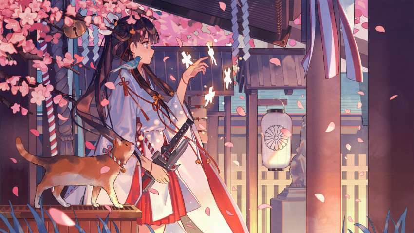 1girl architecture bell black_hair box cat cherry_blossoms closed_mouth commentary_request cowboy_shot donation_box east_asian_architecture from_side grey_eyes hair_ribbon hakama_skirt highres japanese_clothes jingle_bell katana kimono lampion long_hair miko petals ponytail profile red_ribbon red_skirt ribbon rope shaonyu_cofee_gun sheath sheathed shikigami shrine sidelocks skirt solo sword tress_ribbon weapon wide_sleeves yellow_ribbon zicai_tang