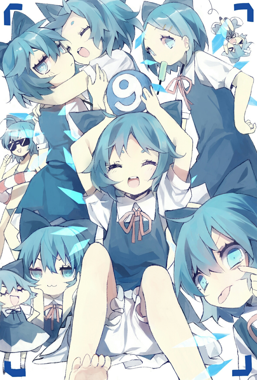 &gt;:3 &gt;_&lt; (9) 6+girls :3 ^_^ akanbe alternate_hairstyle barefoot bikini bloomers blue_bikini blue_dress blue_eyes blue_hair cirno closed_eyes commentary_request crossed_bandaids dress facing_viewer food_in_mouth hair_between_eyes hair_ornament hairclip hand_on_hip hands_on_own_cheeks hands_on_own_face highres hug ice ice_wings innertube looking_at_viewer multiple_girls neck_ribbon object_on_head open_mouth orb pointing pointing_at_self popsicle puffy_short_sleeves puffy_sleeves red_ribbon ribbon round_teeth short_eyebrows short_hair short_sleeves smile sunglasses swimsuit teeth tongue tongue_out touhou underwear violet_(qs312556616) wings