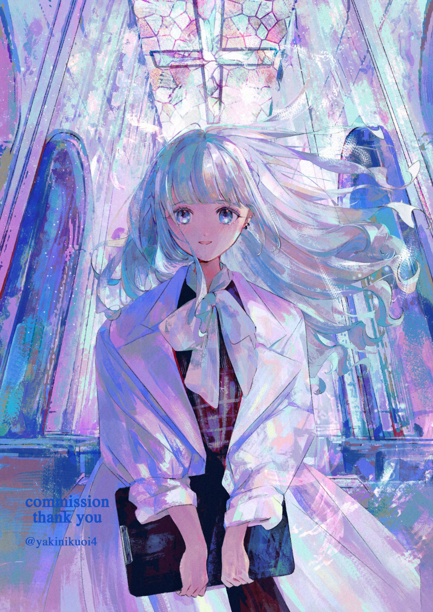 1girl absurdres bangs blue_eyes church coat commission dress floating_hair highres holding indoors jamu_(yakinikuoi4) long_hair long_sleeves looking_at_viewer open_mouth original skeb_commission smile solo stained_glass standing white_coat